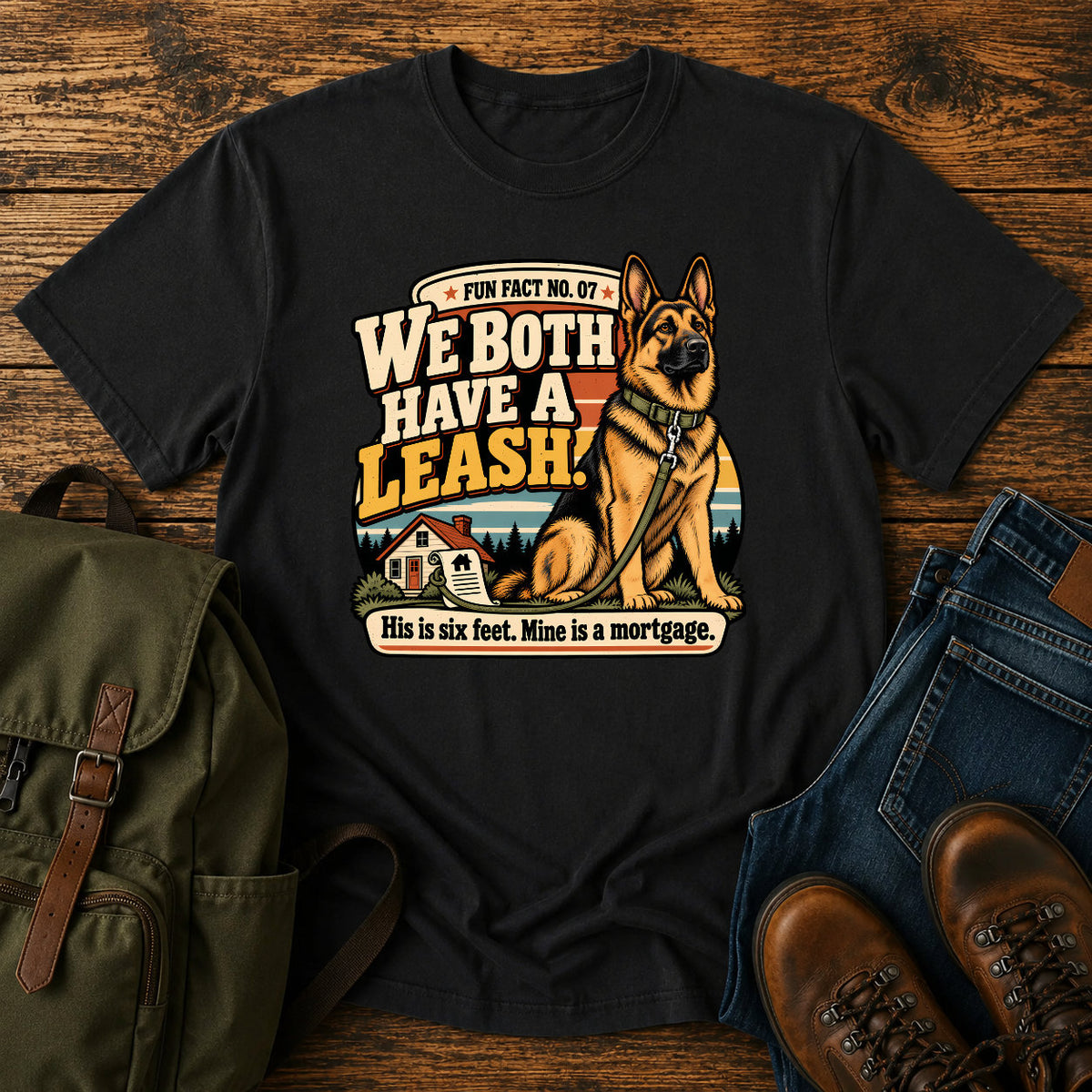 German Shepherd six foot leash mortgage badge on a vintage t-shirt design