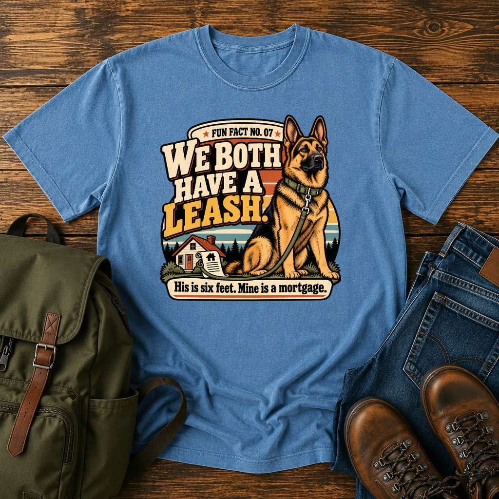 German Shepherd six foot leash mortgage badge on a vintage t-shirt design