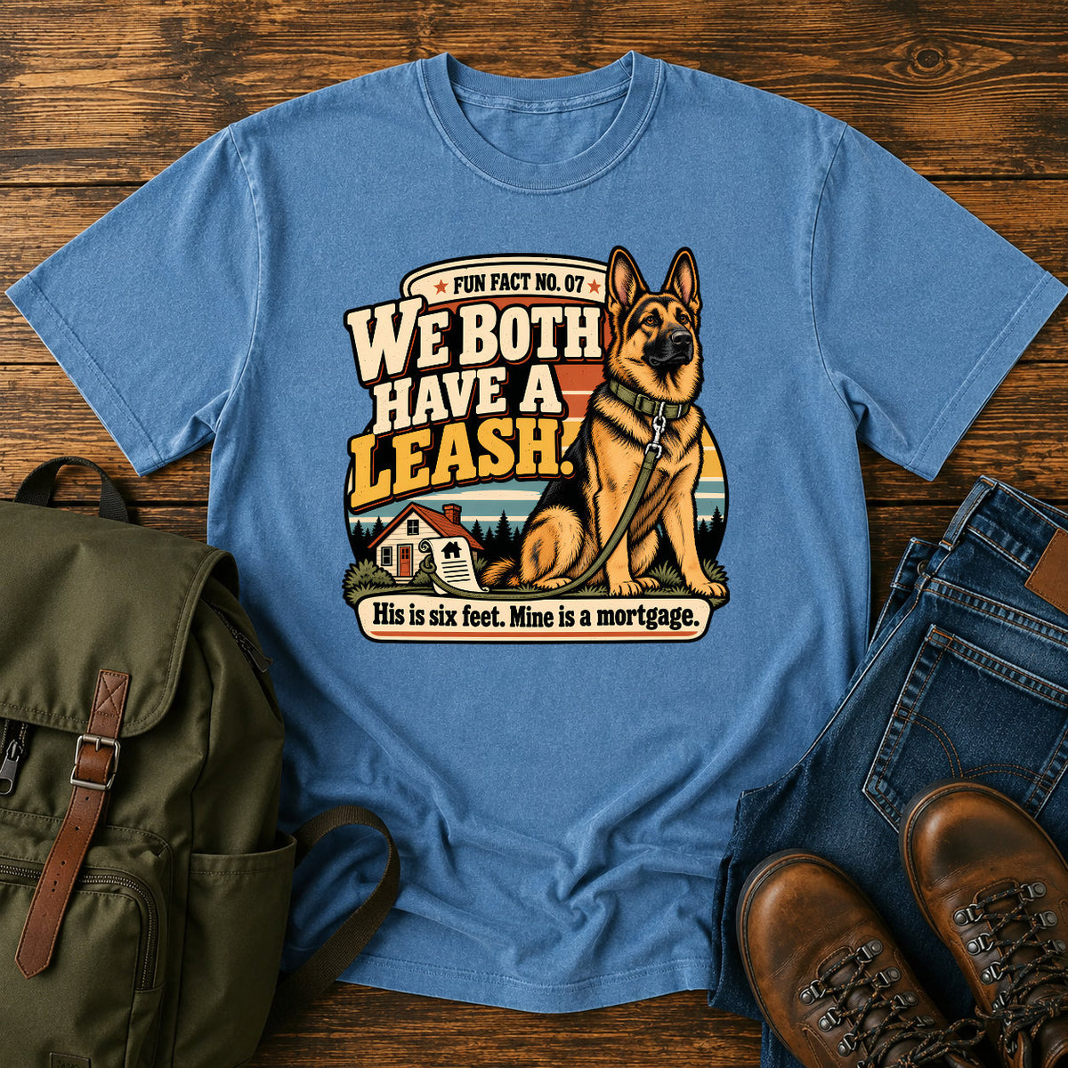 German Shepherd six foot leash mortgage badge on a vintage t-shirt design