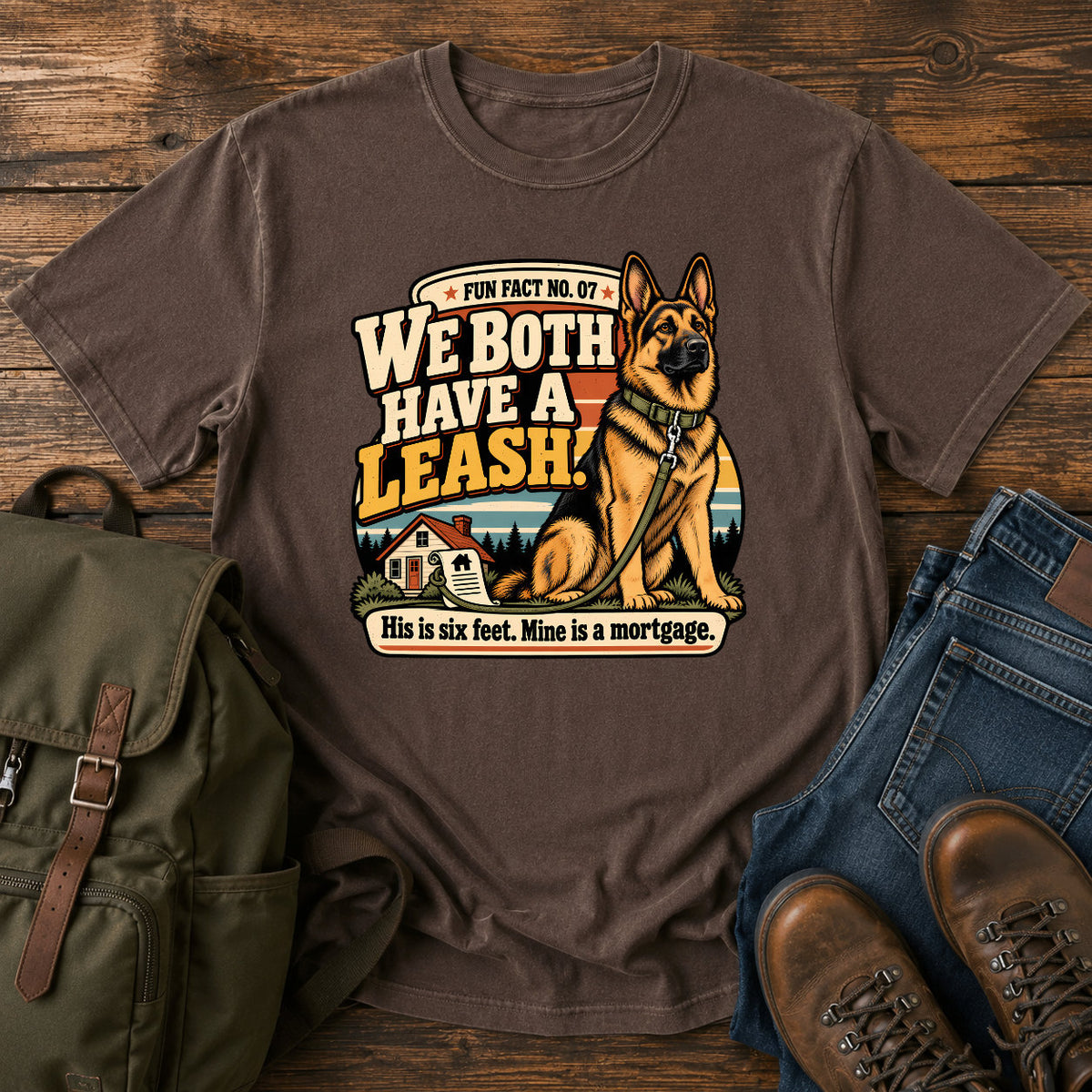 German Shepherd six foot leash mortgage badge on a vintage t-shirt design