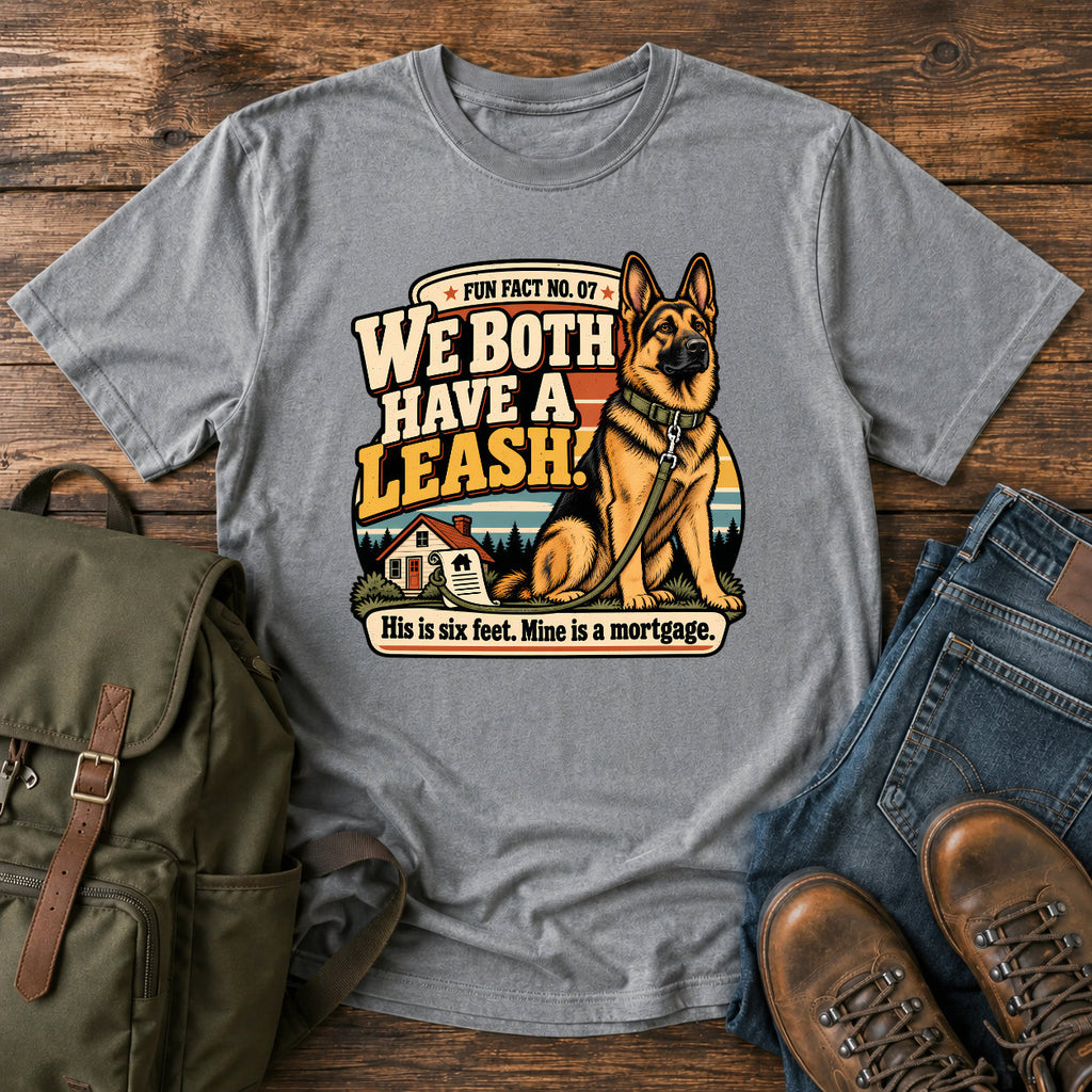 German Shepherd six foot leash mortgage badge on a vintage t-shirt design