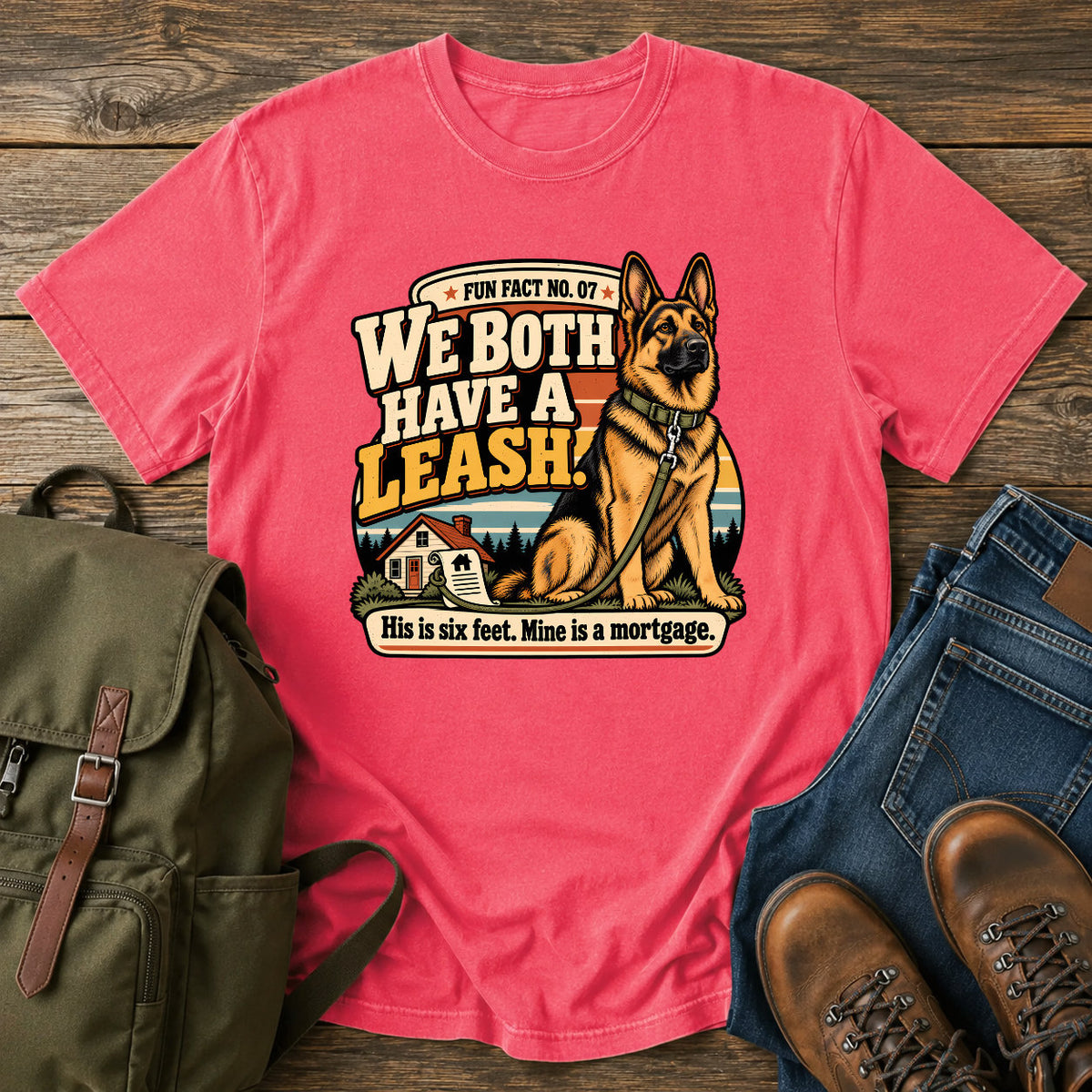 German Shepherd six foot leash mortgage badge on a vintage t-shirt design