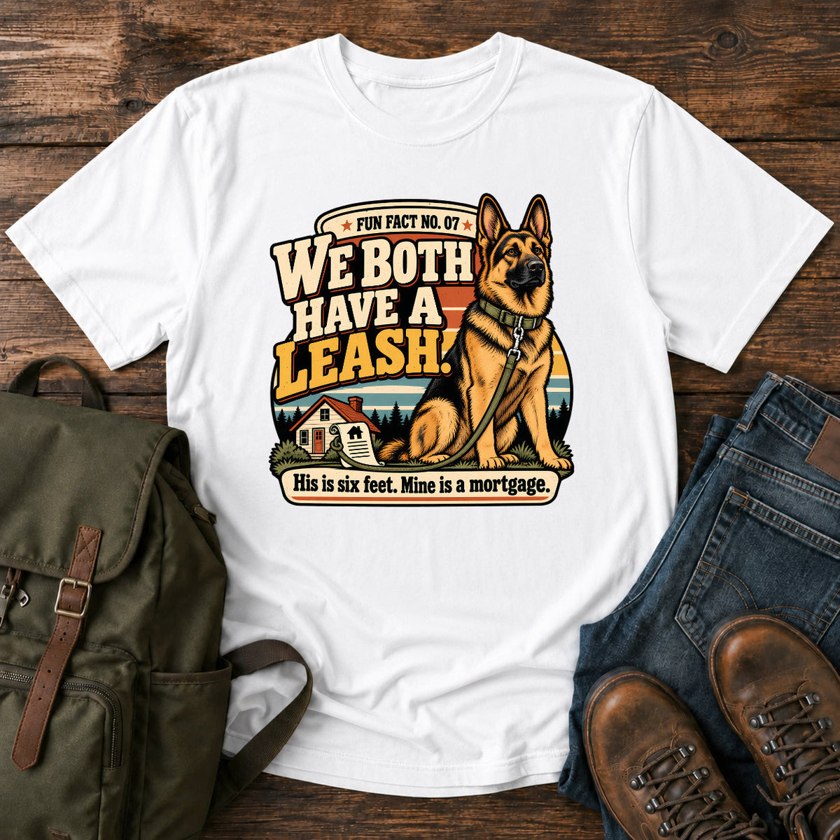 German Shepherd six foot leash mortgage badge on a vintage t-shirt design
