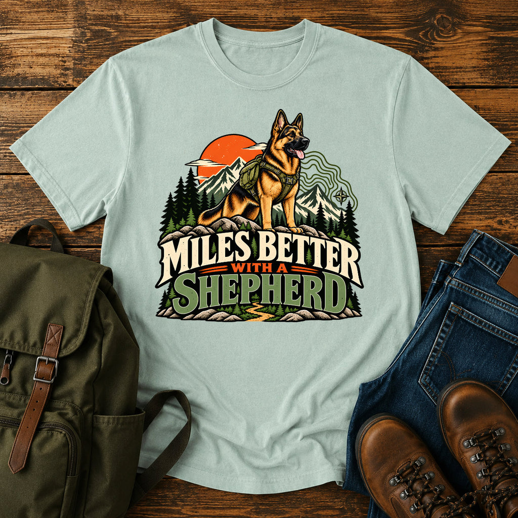 German Shepherd Miles Better slogan with outdoor dog portrait on a t-shirt design