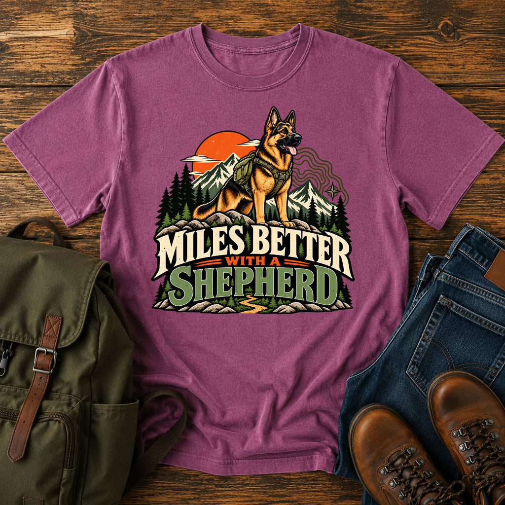 German Shepherd Miles Better slogan with outdoor dog portrait on a t-shirt design