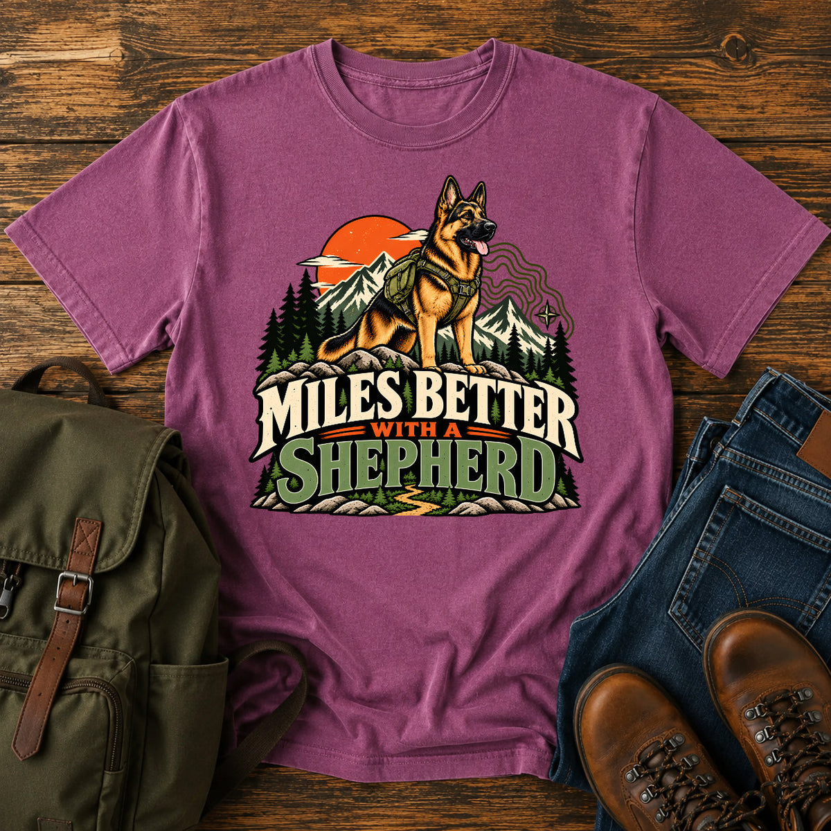 German Shepherd Miles Better slogan with outdoor dog portrait on a t-shirt design