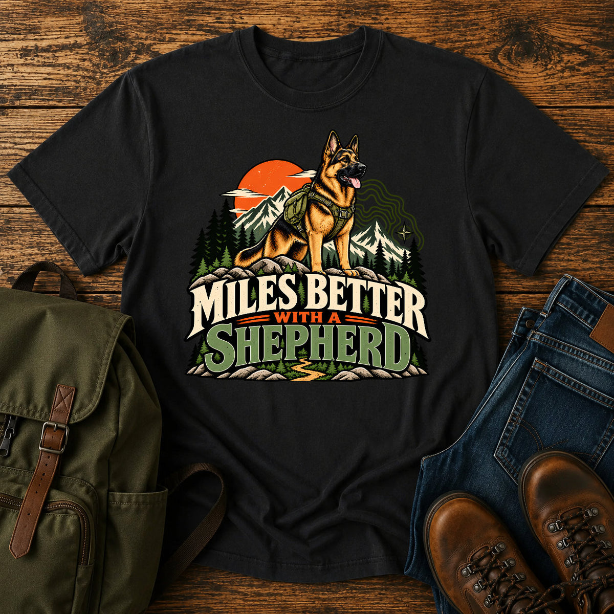 German Shepherd Miles Better slogan with outdoor dog portrait on a t-shirt design