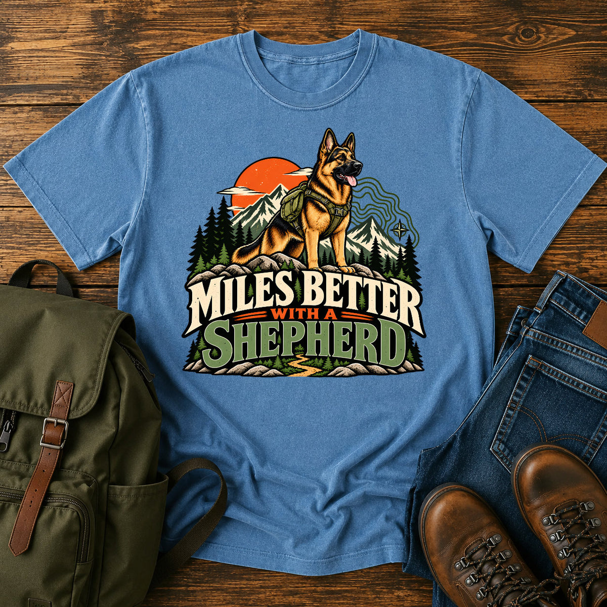 German Shepherd Miles Better slogan with outdoor dog portrait on a t-shirt design