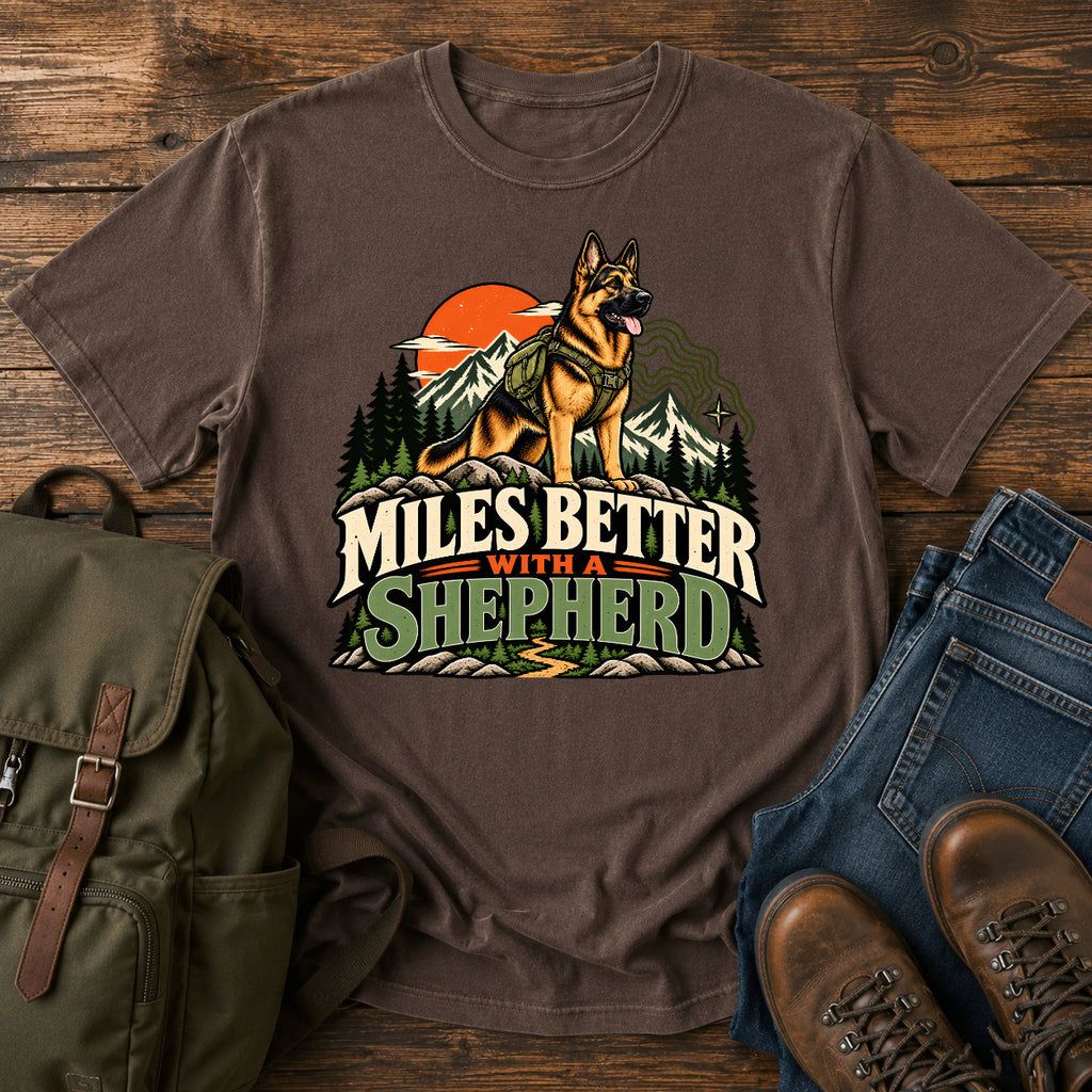 German Shepherd Miles Better slogan with outdoor dog portrait on a t-shirt design