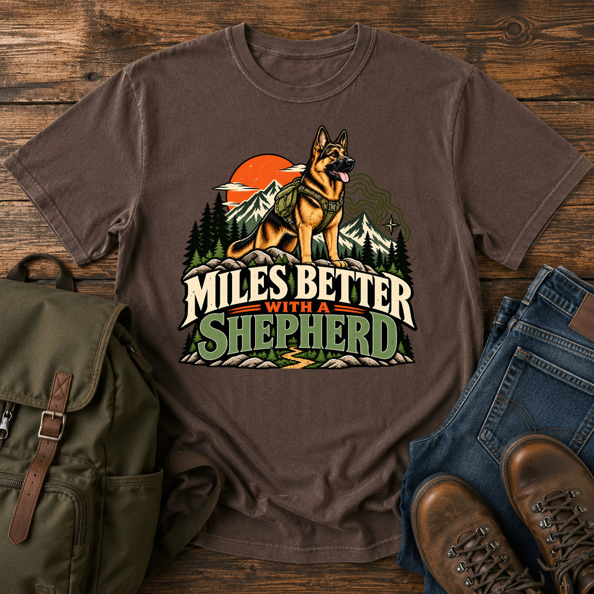 German Shepherd Miles Better slogan with outdoor dog portrait on a t-shirt design