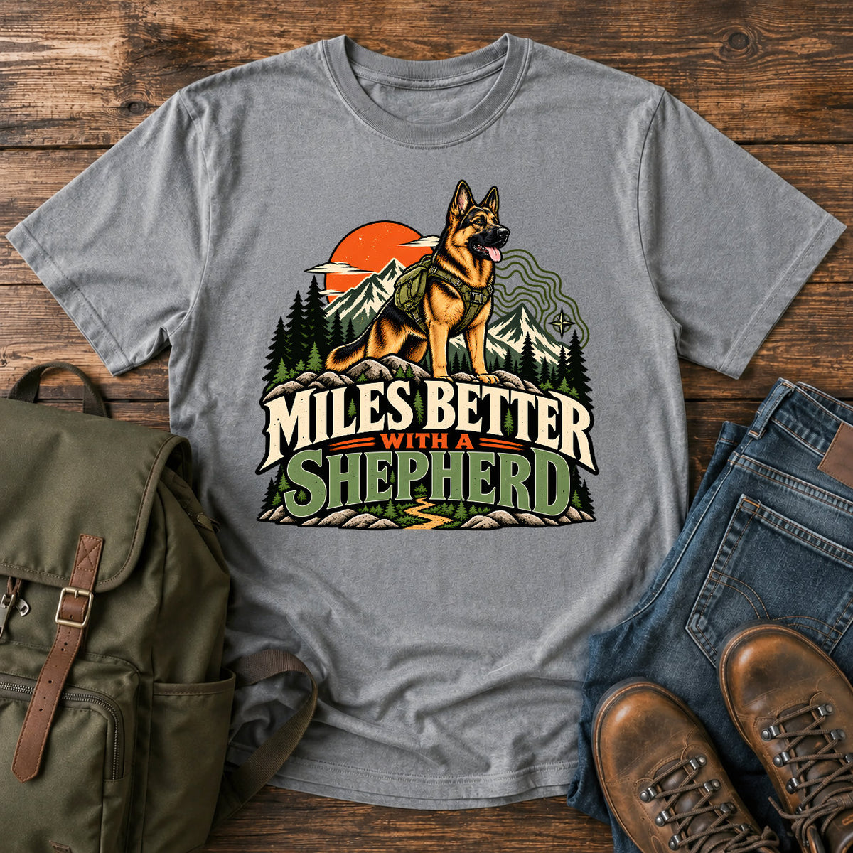 German Shepherd Miles Better slogan with outdoor dog portrait on a t-shirt design