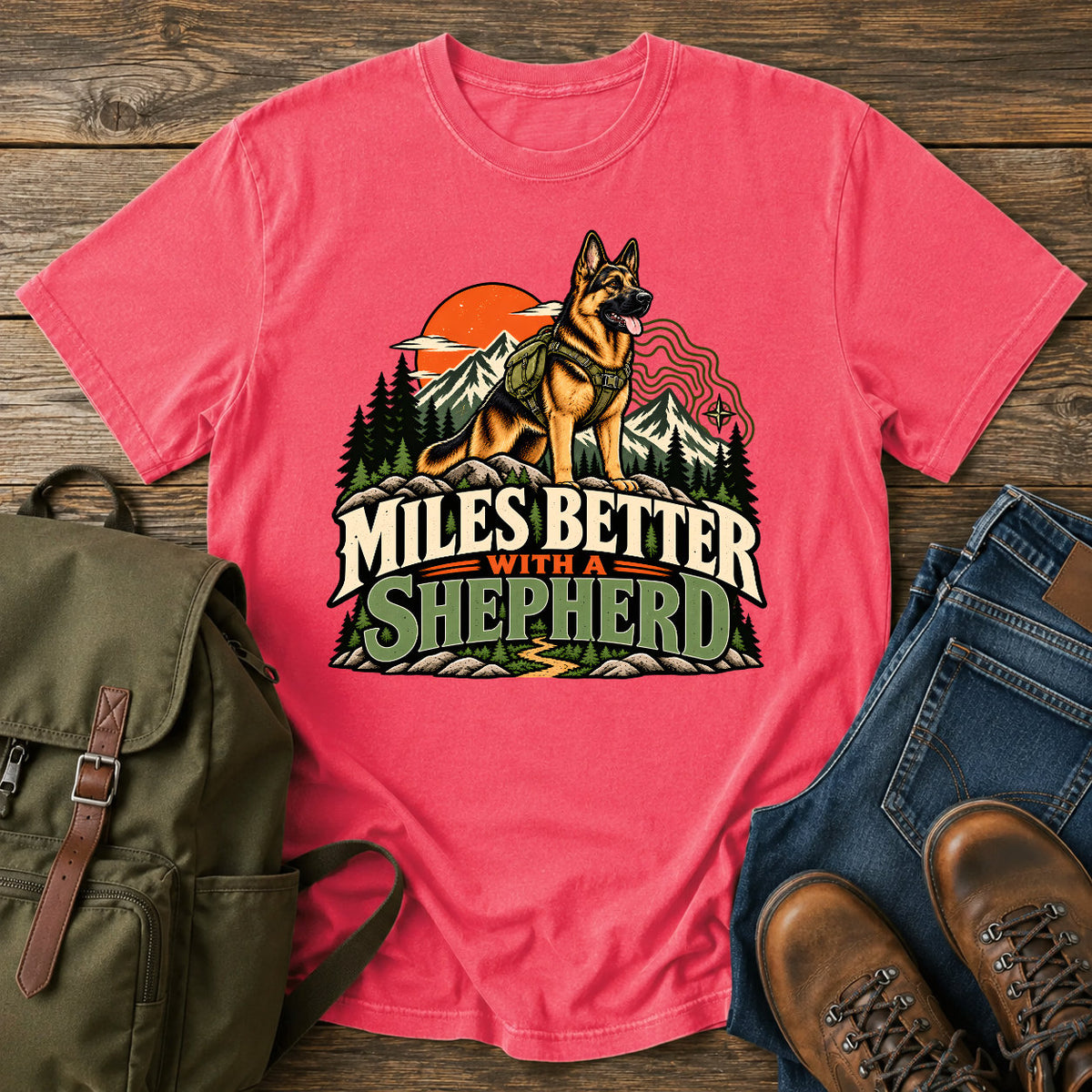 German Shepherd Miles Better slogan with outdoor dog portrait on a t-shirt design