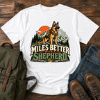 German Shepherd Miles Better slogan with outdoor dog portrait on a t-shirt design