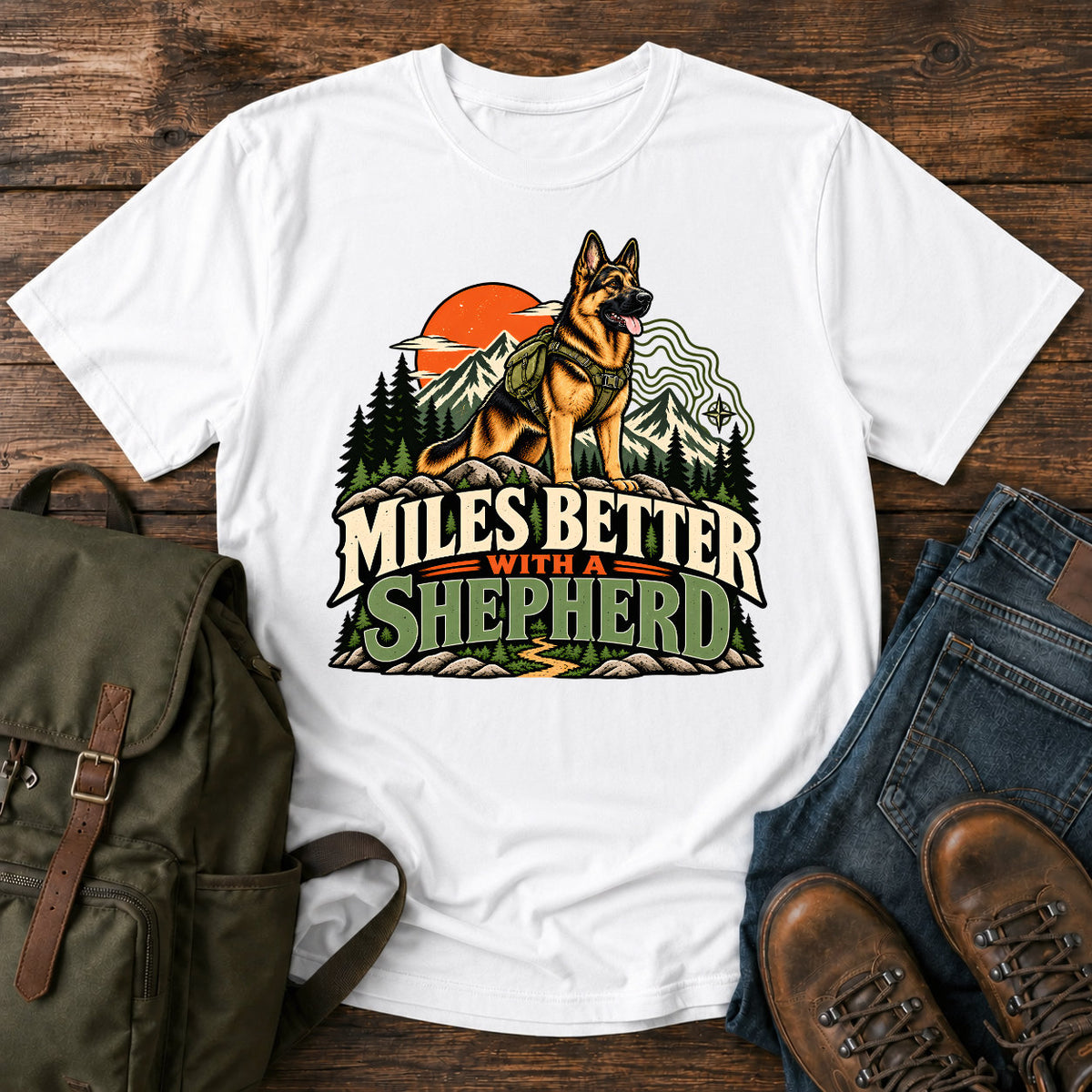 German Shepherd Miles Better slogan with outdoor dog portrait on a t-shirt design