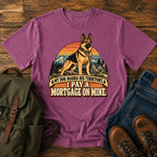 German Shepherd mortgage territory joke with mountain homestead scene on a t-shirt design