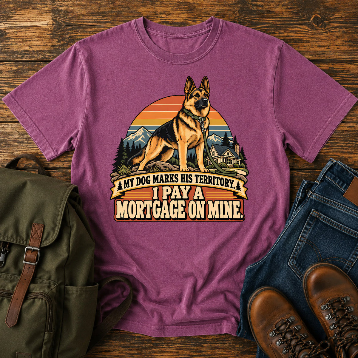 German Shepherd mortgage territory joke with mountain homestead scene on a t-shirt design