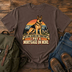 German Shepherd mortgage territory joke with mountain homestead scene on a t-shirt design