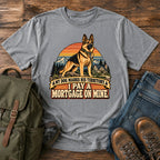 German Shepherd mortgage territory joke with mountain homestead scene on a t-shirt design