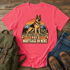 German Shepherd mortgage territory joke with mountain homestead scene on a t-shirt design