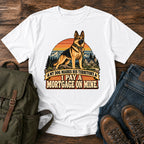 German Shepherd mortgage territory joke with mountain homestead scene on a t-shirt design