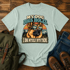 German Shepherd mountain digging joke with alpine dog scene on a t-shirt design