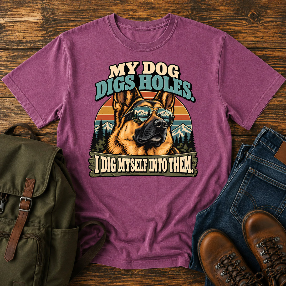 German Shepherd mountain digging joke with alpine dog scene on a t-shirt design