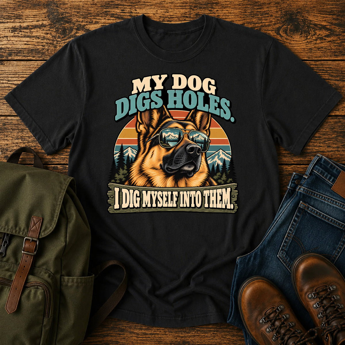 German Shepherd mountain digging joke with alpine dog scene on a t-shirt design
