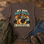 German Shepherd mountain digging joke with alpine dog scene on a t-shirt design
