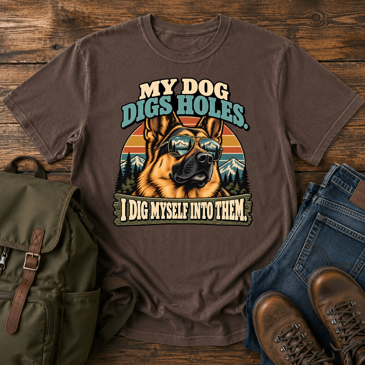 German Shepherd mountain digging joke with alpine dog scene on a t-shirt design