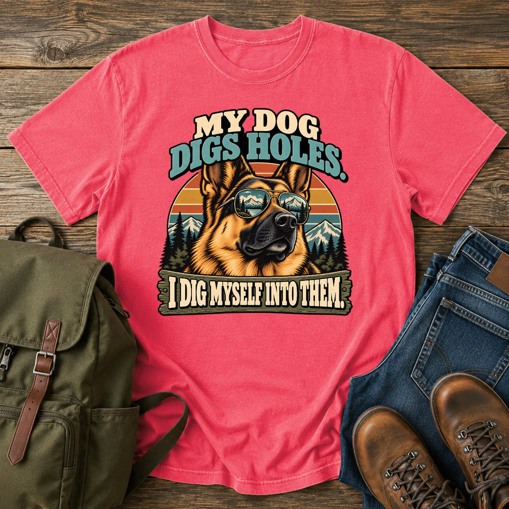 German Shepherd mountain digging joke with alpine dog scene on a t-shirt design