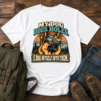 German Shepherd mountain digging joke with alpine dog scene on a t-shirt design