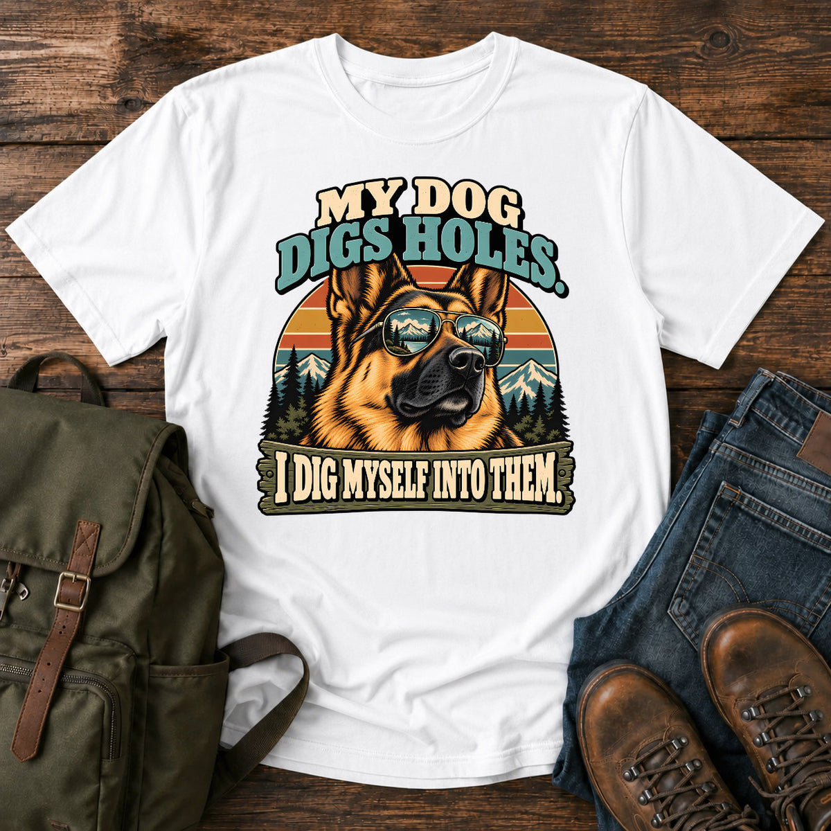 German Shepherd mountain digging joke with alpine dog scene on a t-shirt design