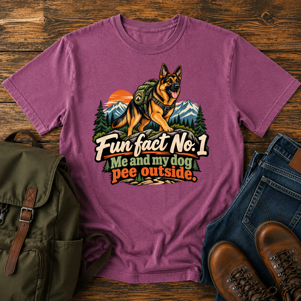 German Shepherd outdoor fun fact slogan with seated dog on a t-shirt design