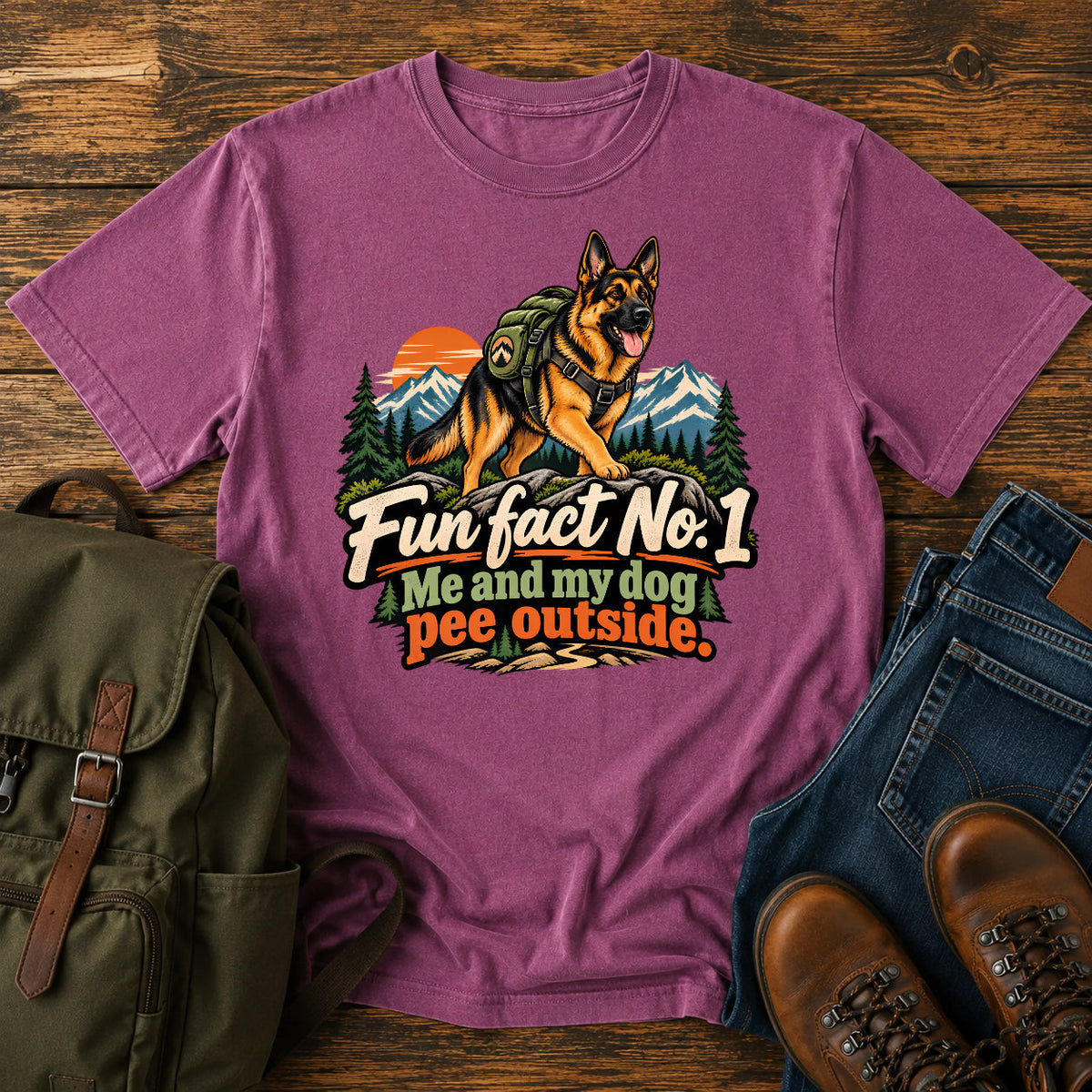 German Shepherd outdoor fun fact slogan with seated dog on a t-shirt design