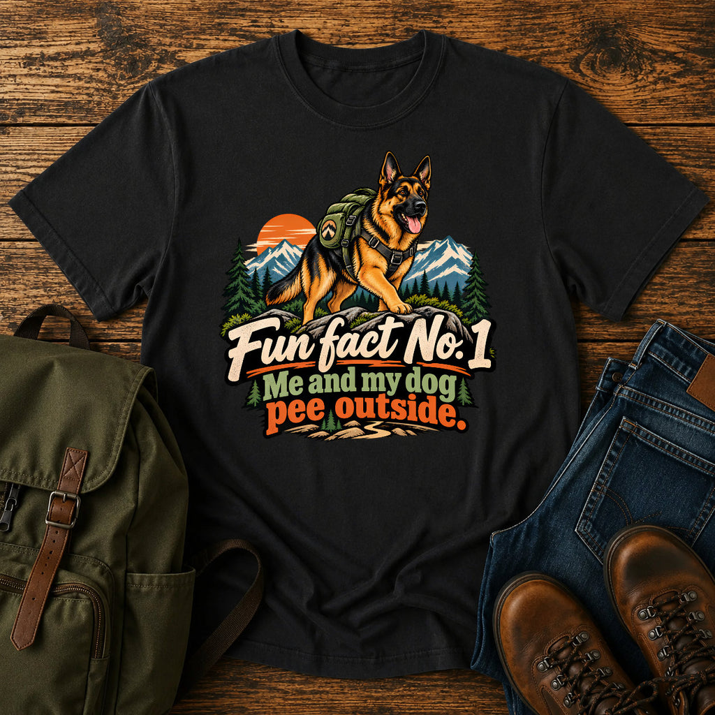 German Shepherd outdoor fun fact slogan with seated dog on a t-shirt design