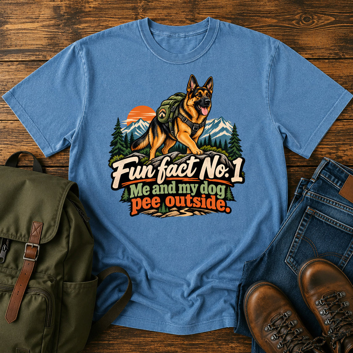 German Shepherd outdoor fun fact slogan with seated dog on a t-shirt design