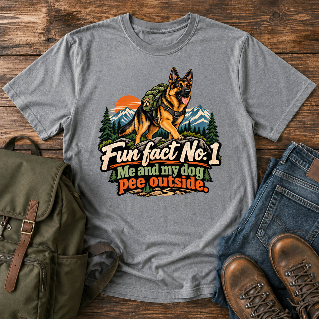 German Shepherd outdoor fun fact slogan with seated dog on a t-shirt design