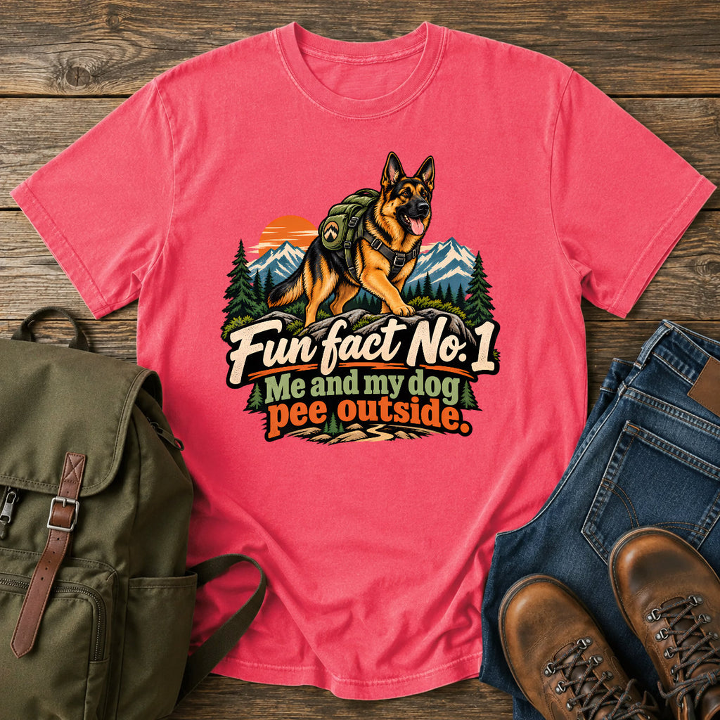 German Shepherd outdoor fun fact slogan with seated dog on a t-shirt design
