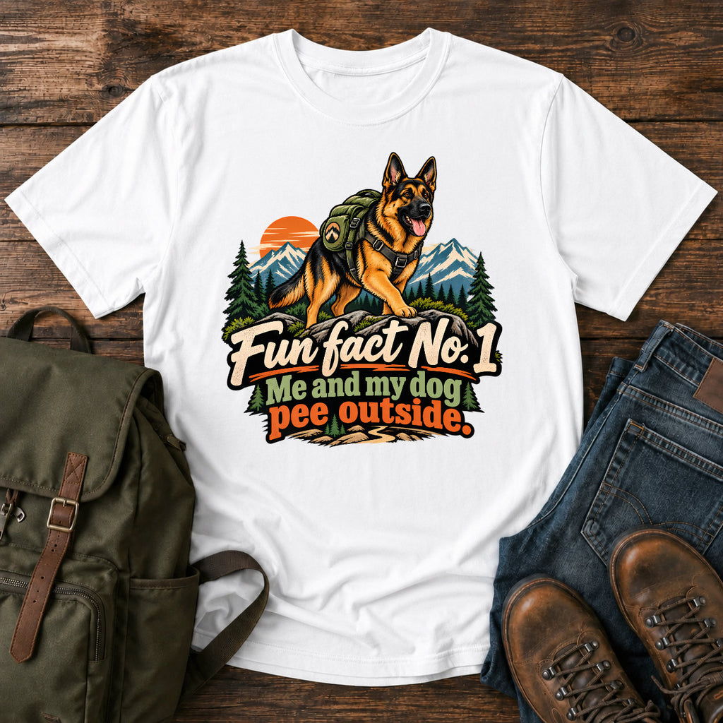 German Shepherd outdoor fun fact slogan with seated dog on a t-shirt design