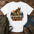 German Shepherd outdoor fun fact slogan with seated dog on a t-shirt design