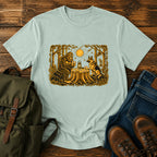 German Shepherd dog and Bigfoot playing poker in a moonlit forest on a t-shirt design.