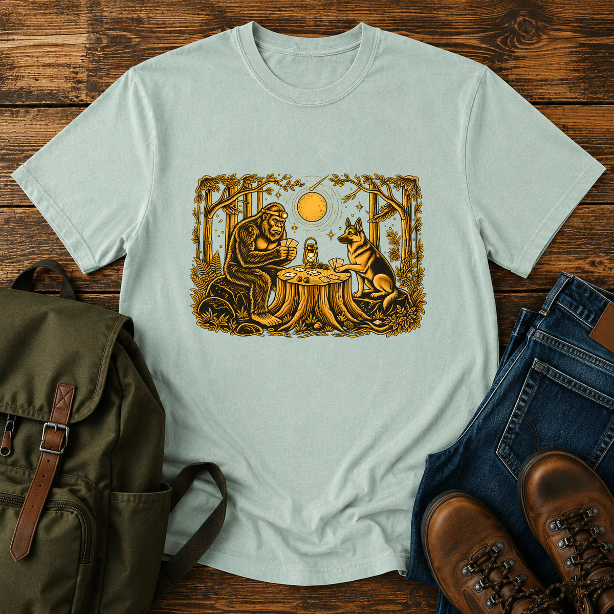 German Shepherd dog and Bigfoot playing poker in a moonlit forest on a t-shirt design.