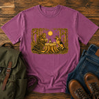 German Shepherd dog and Bigfoot playing poker in a moonlit forest on a t-shirt design.