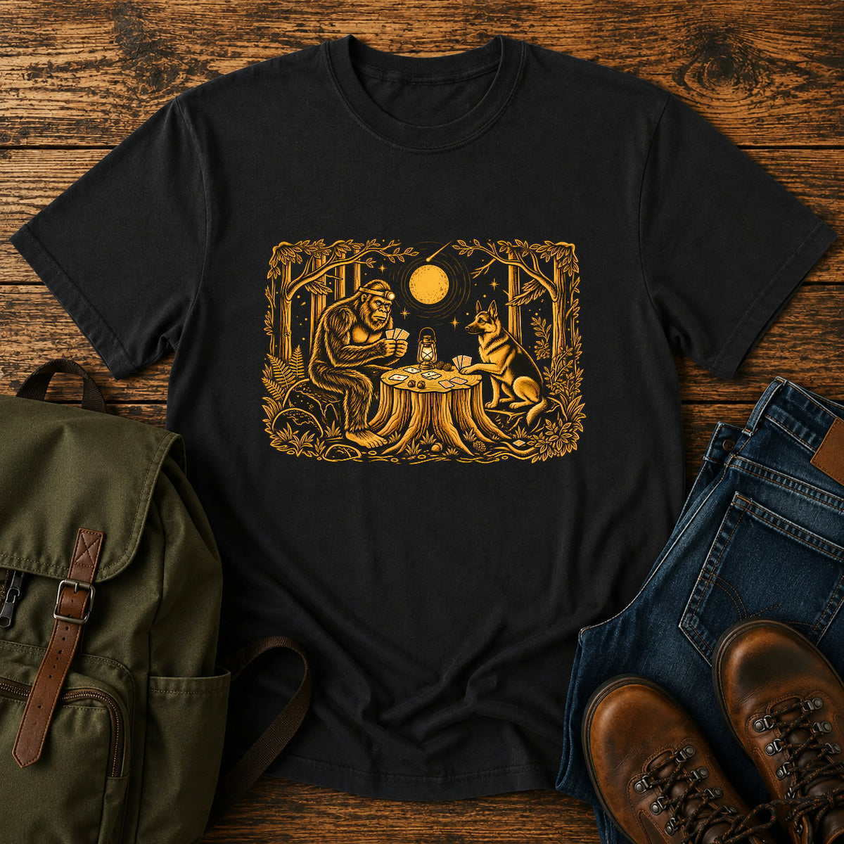 German Shepherd dog and Bigfoot playing poker in a moonlit forest on a t-shirt design.