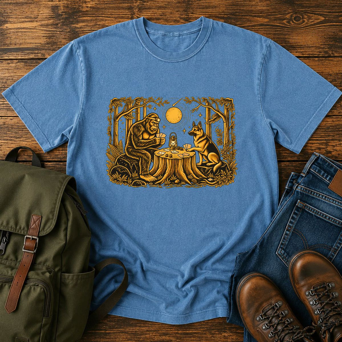 German Shepherd dog and Bigfoot playing poker in a moonlit forest on a t-shirt design.