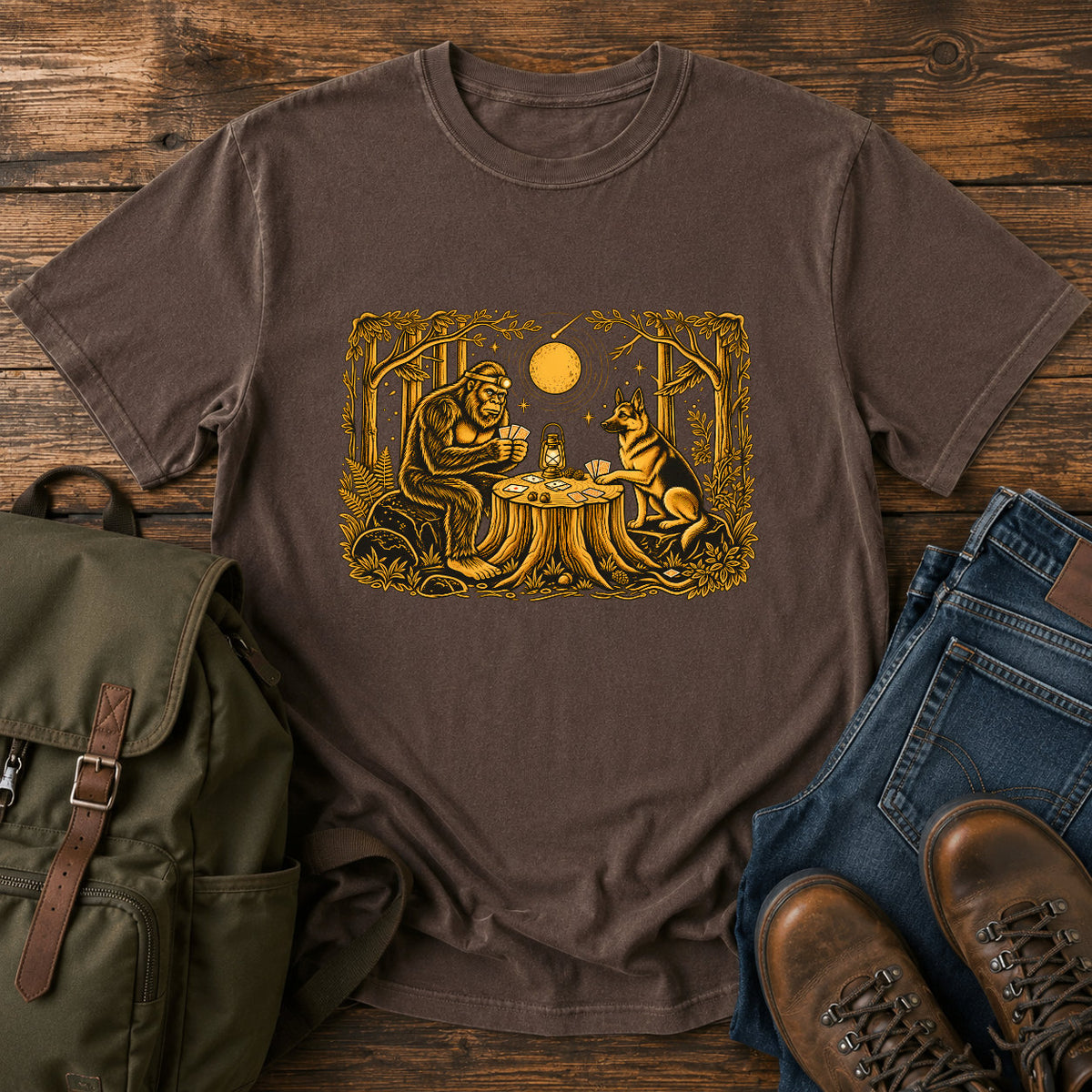 German Shepherd dog and Bigfoot playing poker in a moonlit forest on a t-shirt design.
