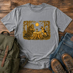 German Shepherd dog and Bigfoot playing poker in a moonlit forest on a t-shirt design.
