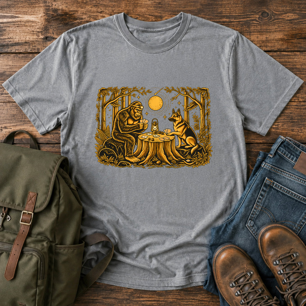 German Shepherd dog and Bigfoot playing poker in a moonlit forest on a t-shirt design.