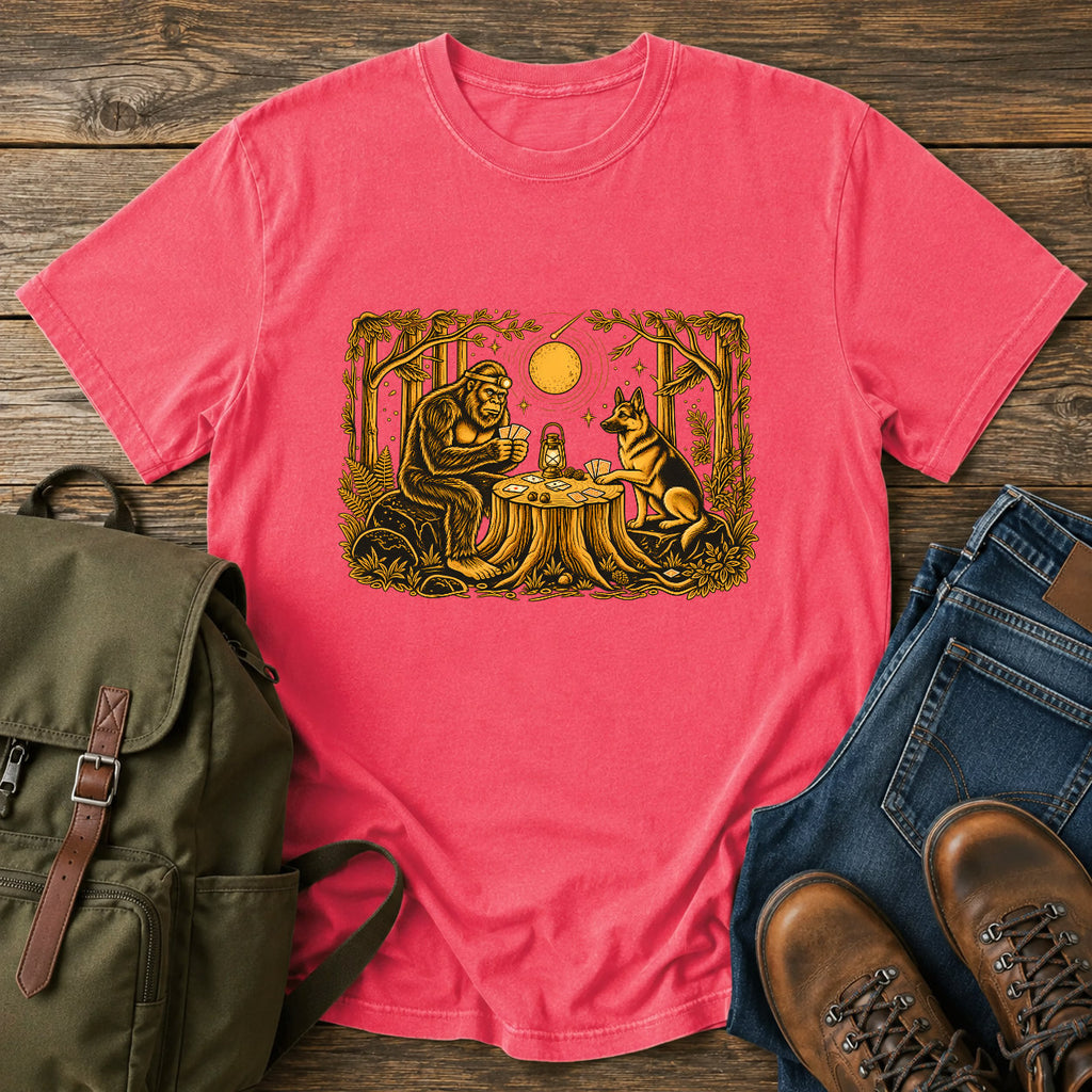 German Shepherd dog and Bigfoot playing poker in a moonlit forest on a t-shirt design.