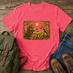 German Shepherd dog and Bigfoot playing poker in a moonlit forest on a t-shirt design.